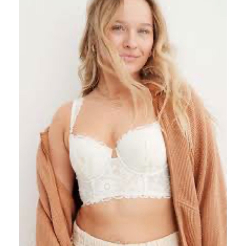 Aerie Floral Lace Longline Balconette‎ Bra Cream White Underwire Corset Top 34C